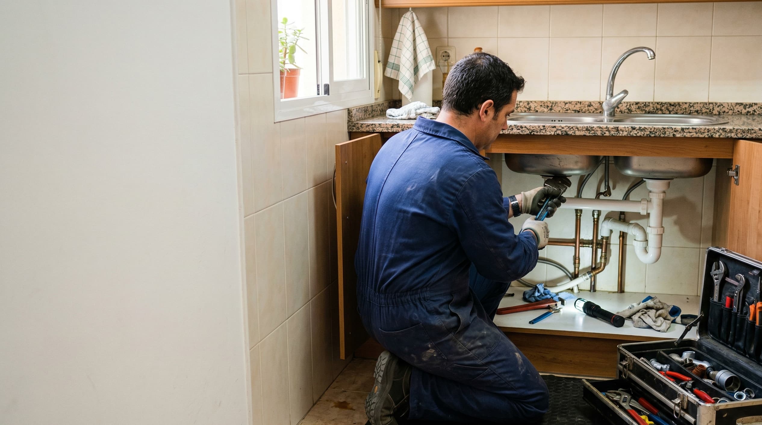Fontanero reparando sifón bajo fregadero de cocina en Terrassa
